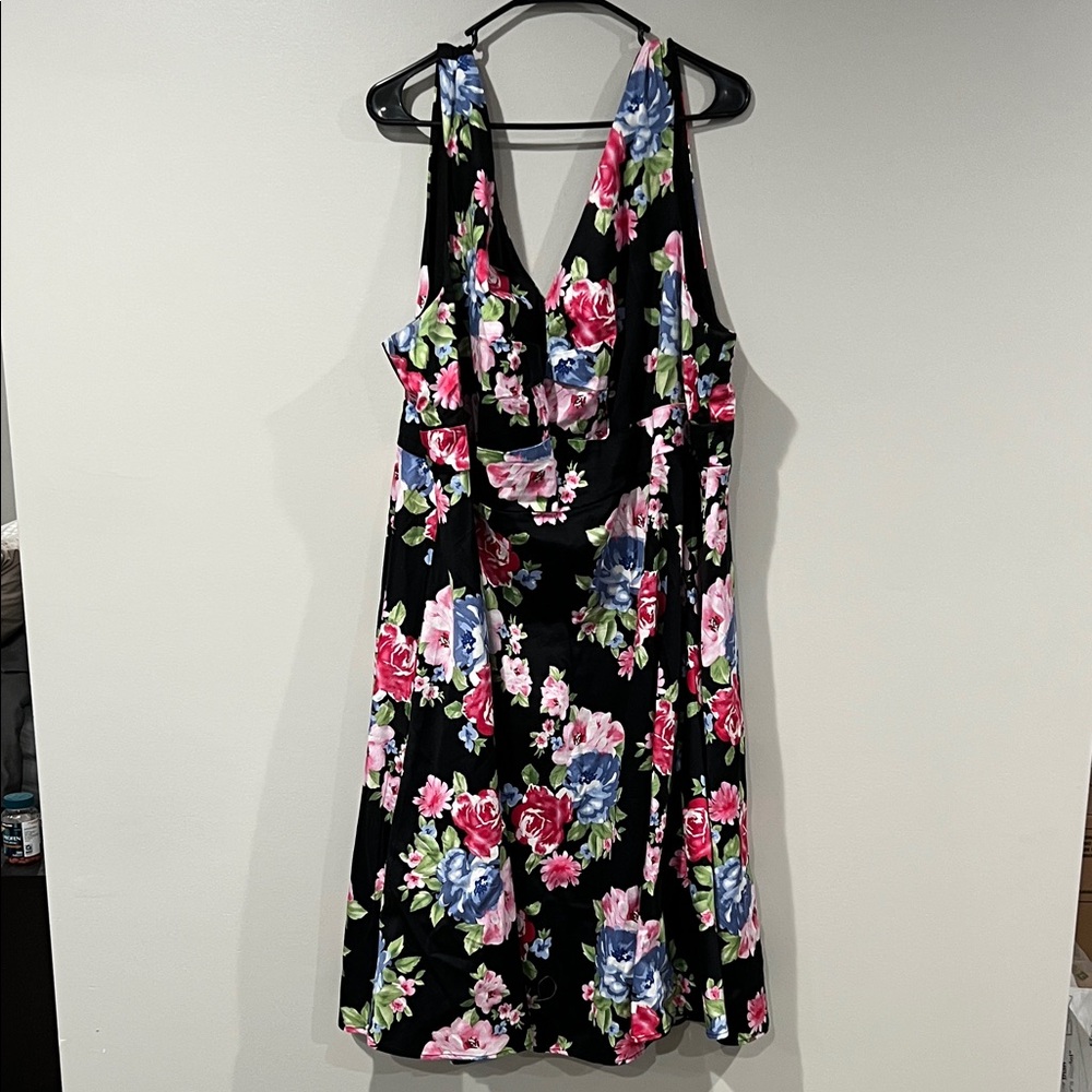 torrid Black Floral Midi Dress with Pink, Blue & Green Accents
